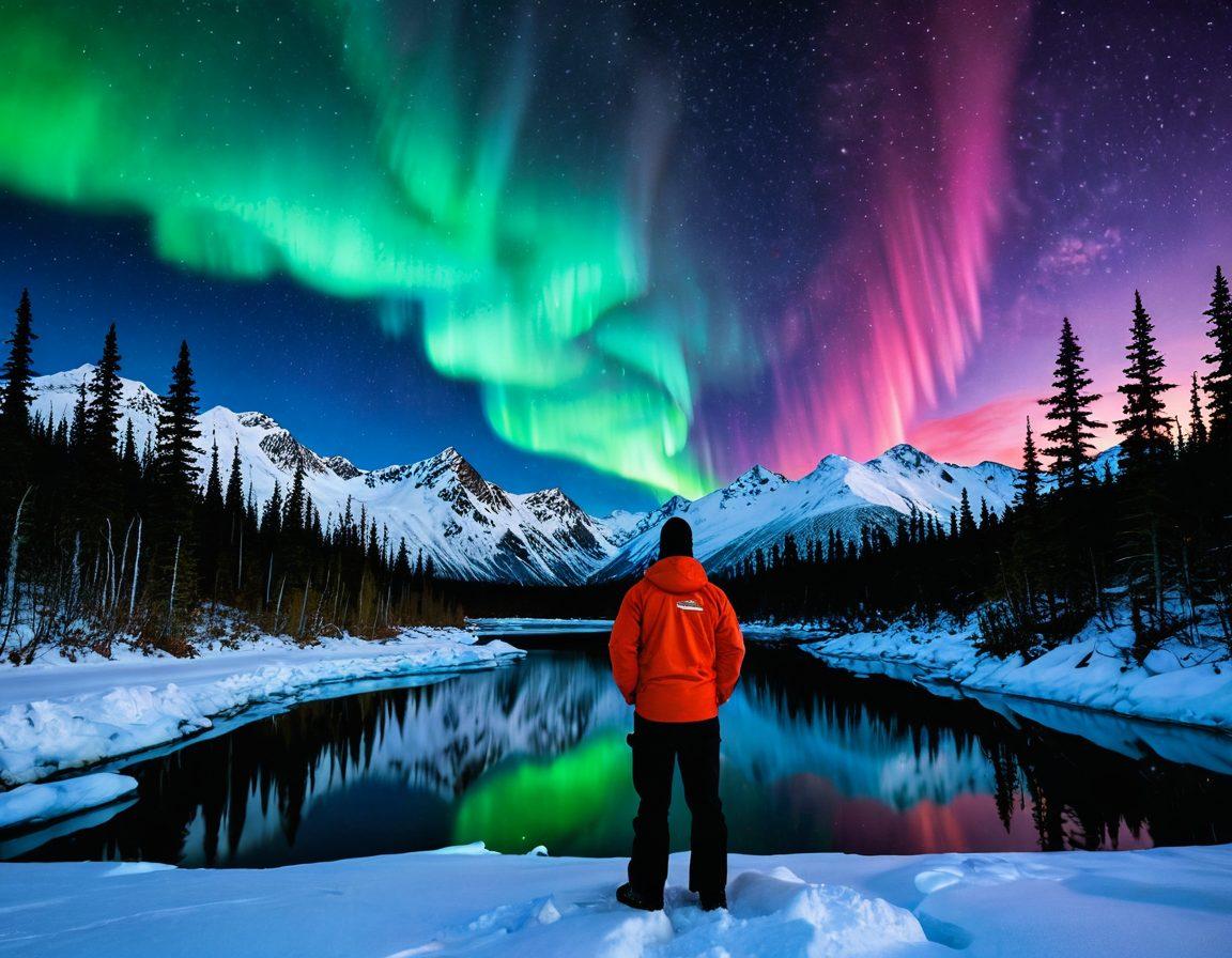 A rugged Alaskan landscape featuring snow-capped mountains and dense forests, alongside a confident professional holding a comprehensive risk management toolkit, including charts and insurance documents. In the background, a breathtaking aurora borealis lights up the night sky, symbolizing opportunities amidst challenges. Integrate elements of resilience and strategy, showcasing the beauty of Alaska with the importance of risk management in insurance. super-realistic. vibrant colors. white background.