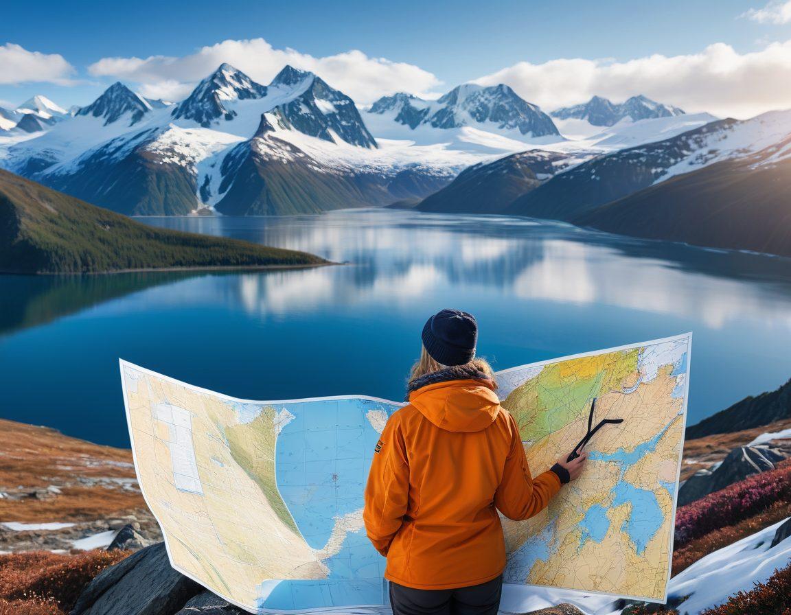 A scenic Alaska landscape featuring snow-capped mountains and a calm blue sea, with a person holding a map and a compass, representing guidance in navigating insurance. Include symbols of affordable coverage, like a calculator and a shield, subtly integrated into the natural setting. The sky is clear and bright, symbolizing clarity and smart risk management. super-realistic. vibrant colors. panoramic view.