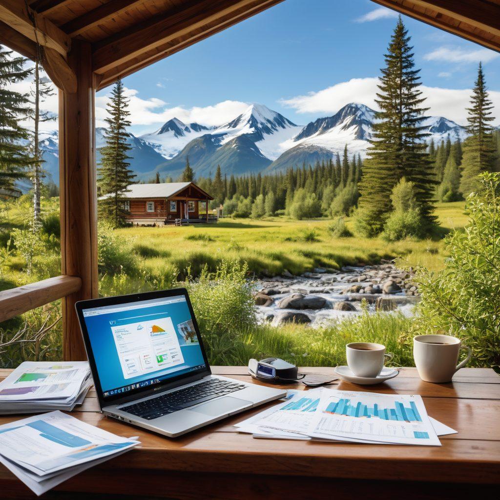 A serene Alaskan landscape featuring a majestic mountain backdrop, a clear blue sky, and a cozy cabin in the foreground. Include a person using a laptop on a picnic table, researching insurance options, with scattered papers showing charts and costs. Add elements like an insurance brochure and a coffee cup for a personal touch. The scene should evoke a sense of adventure and exploration in the online world. super-realistic. vibrant colors. natural setting.